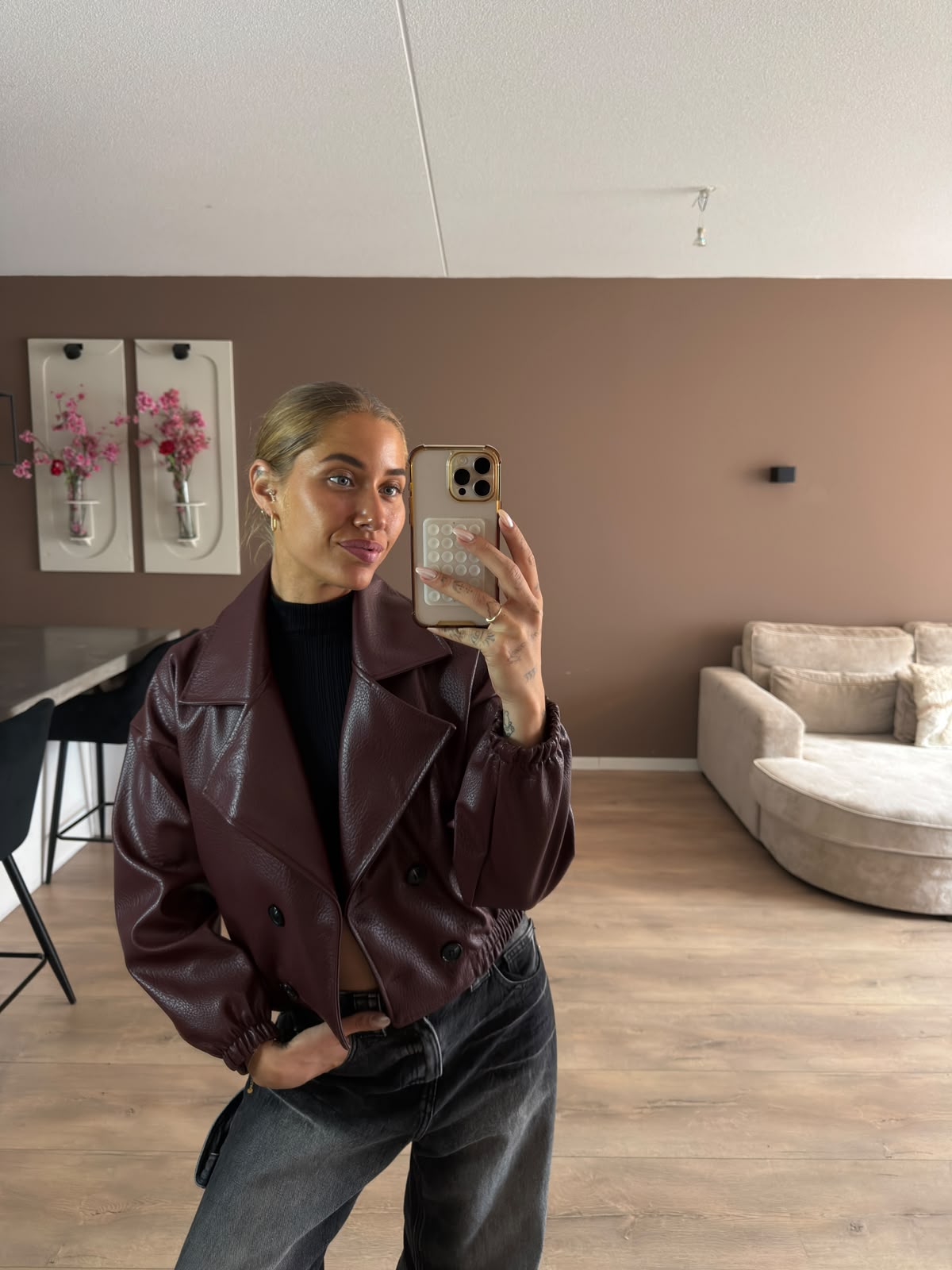 Crop leather look bomber jacket