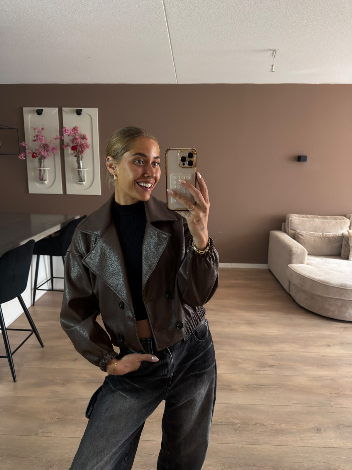 Crop leather look bomber jacket