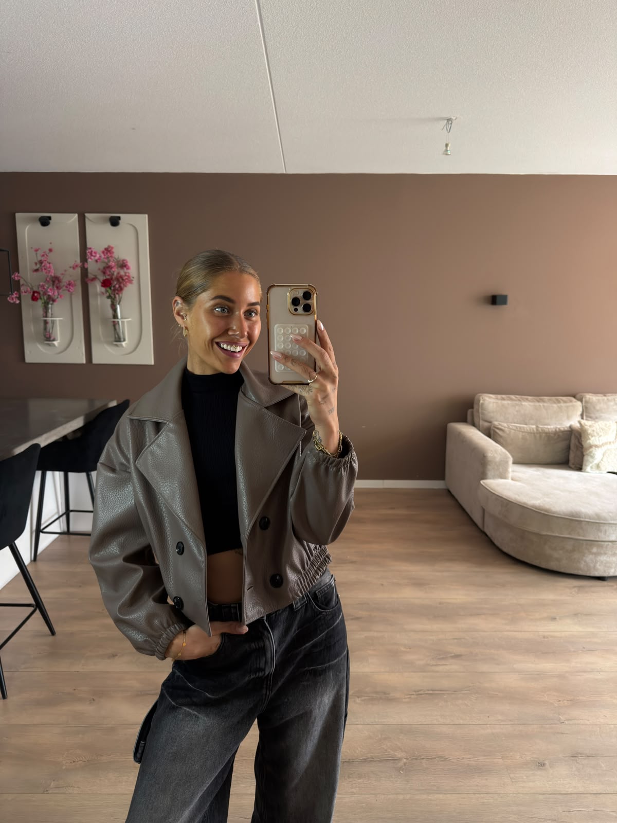 Crop leather look bomber jacket