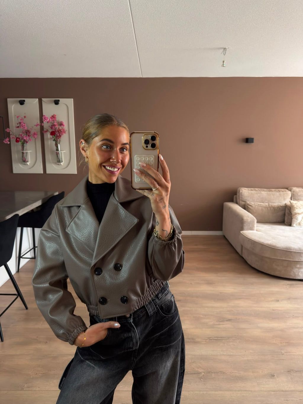 Crop leather look bomber jacket