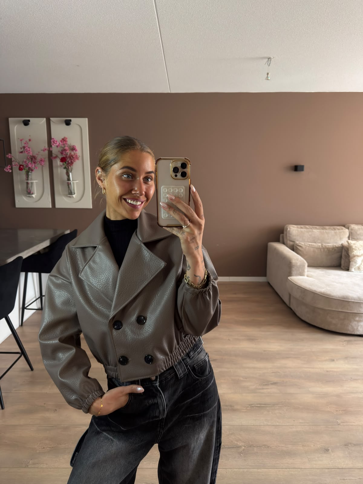 Crop leather look bomber jacket