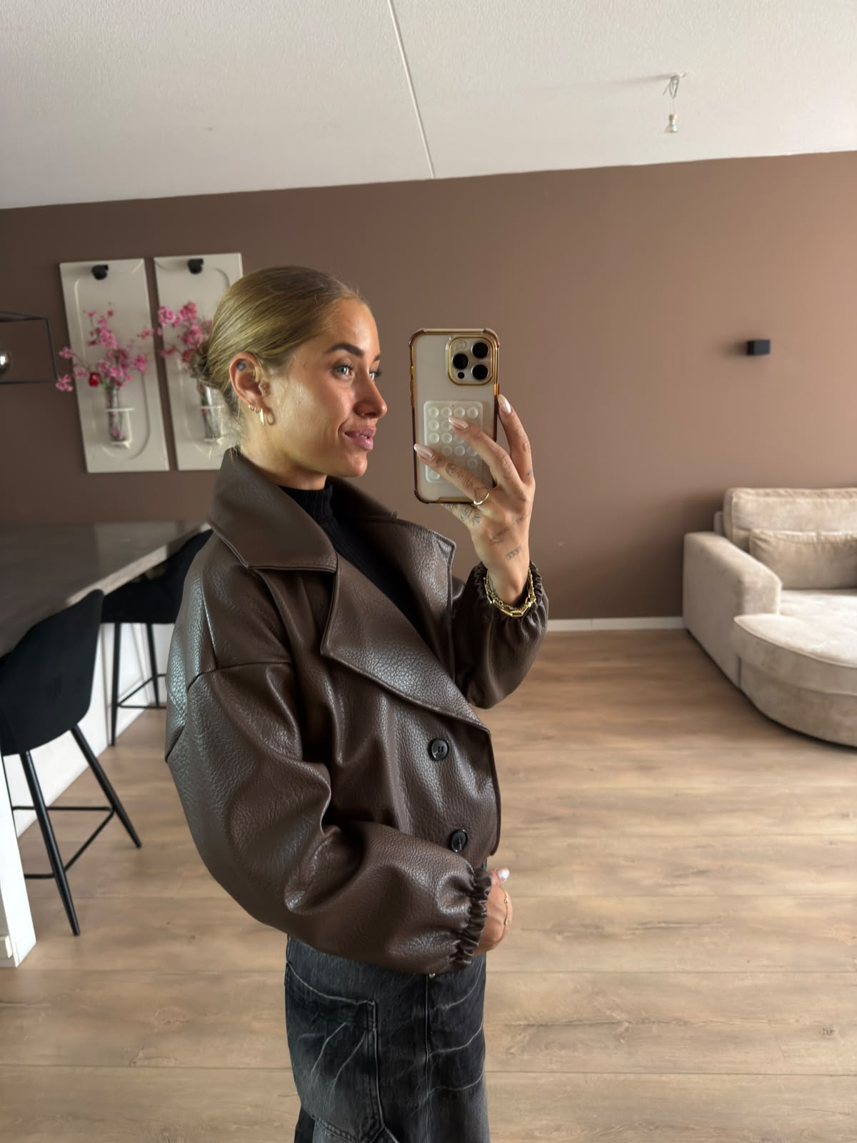 Crop leather look bomber jacket