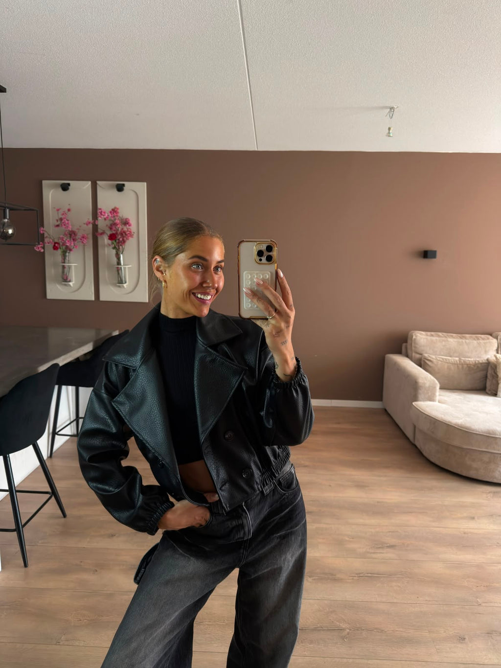 Crop leather look bomber jacket