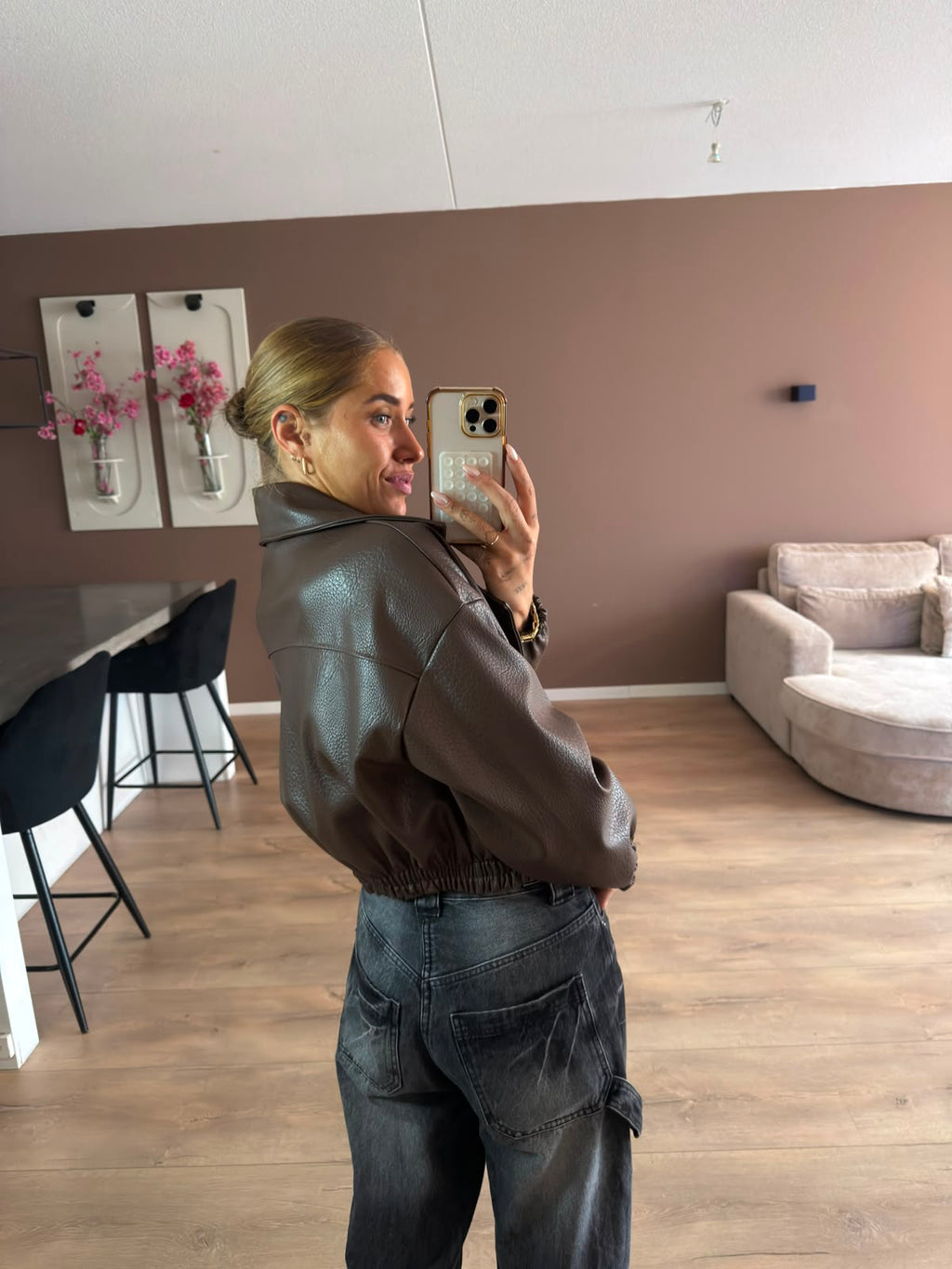 Crop leather look bomber jacket
