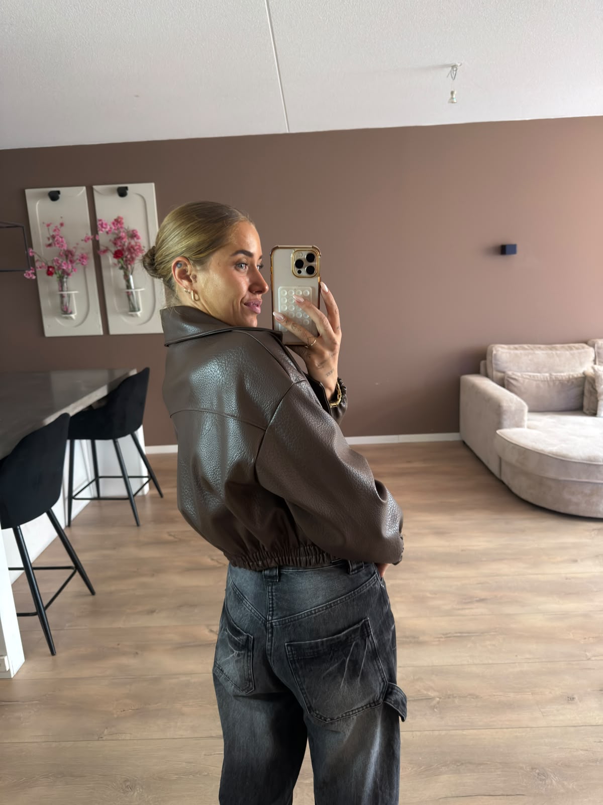 Crop leather look bomber jacket