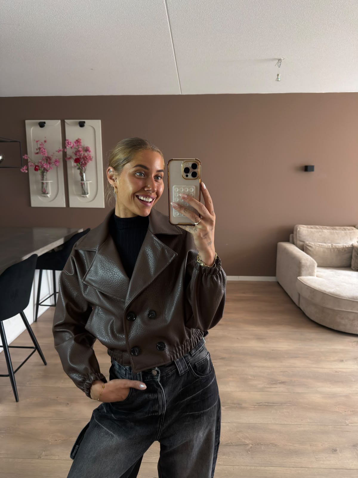 Crop leather look bomber jacket